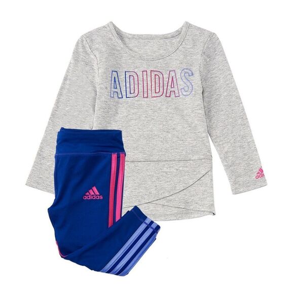 New! ADIDAS Girls 2-Piece Matching Set Long Sleeve Top & Pants Size 5 Grey Blue - Picture 1 of 2